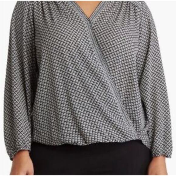 NEW Max Studio Blouse Top Long Sleeve Houndstooth Print Black White Large - Picture 5 of 12